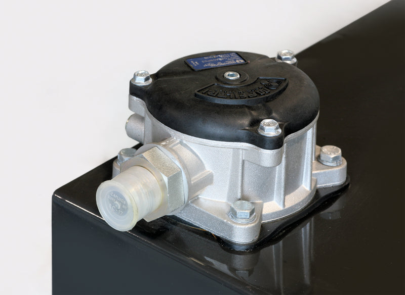 Heavy-duty 10 gauge steel tank holds 33 gallons of oil and has an in tank filter