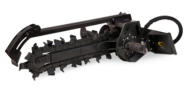 The Mini Trencher is the perfect trench digging solution for your mini skid steer or walk behind machine. Cut through the toughest earth with ease with available bullet and scorpion tooth chains. Built in skid shoe provides proper auger depth control for a smooth cut and faster digging.