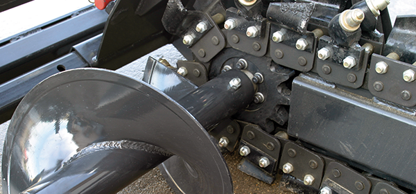 Removable 12" spoil auger carries dirt away from the trench  